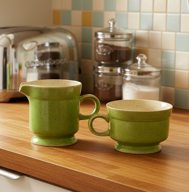 Premier Potterskraft Country Roads Green Speckled Stoneware Creamer & Footed Cup Set | Japan | Mid-Century Modern