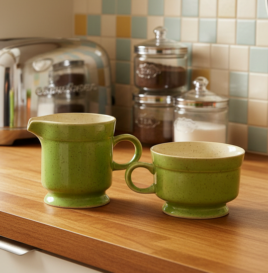 Premier Potterskraft Country Roads Green Speckled Stoneware Creamer & Footed Cup Set | Japan | Mid-Century Modern