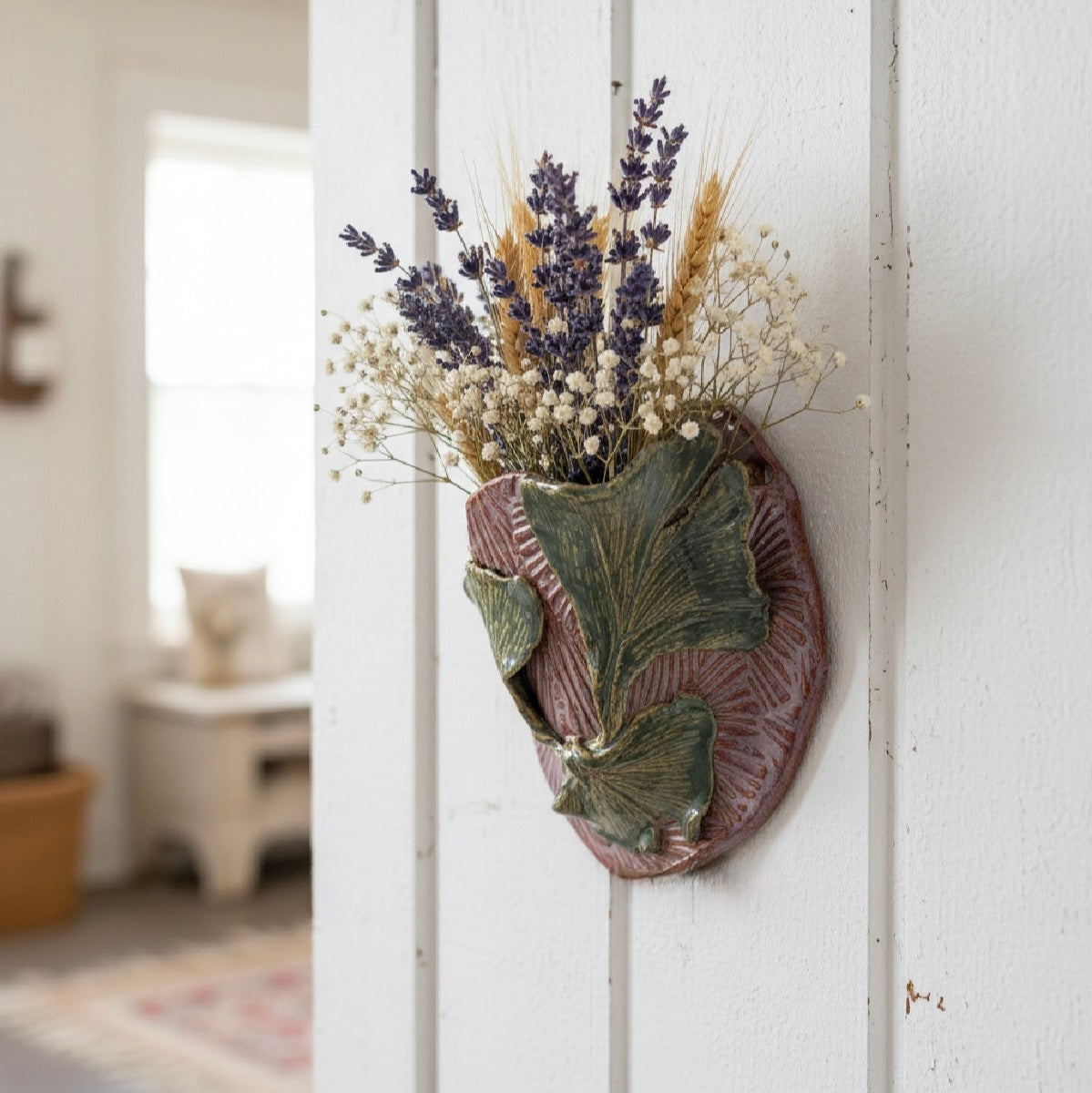 Handmade Ceramic Wall Pocket with Ginkgo Relief – Purple & Green Studio Pottery Vase