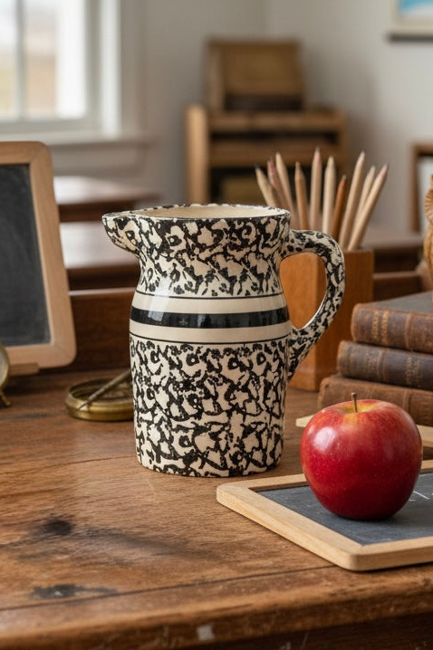 Black & White Spongeware Vintage Pottery Pitcher | Composition Notebook Inspired Stoneware Vase | Cottage Core Farmhouse Decor