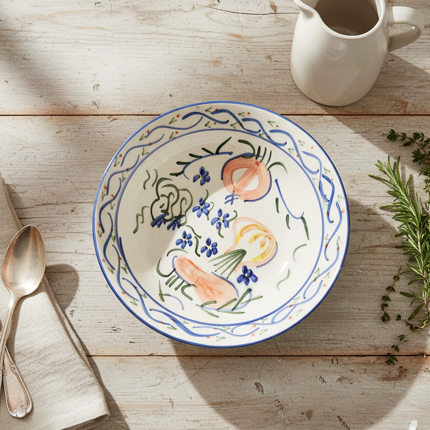 Vintage Faience Glazed Earthenware Bowl – Dutch Delft or French Quimper Style