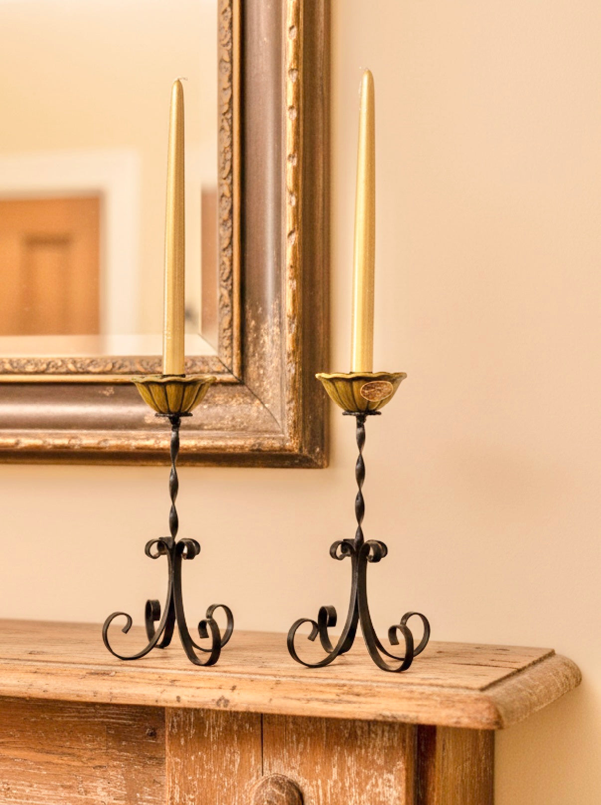 Set of Two Rare Treasure Craft Black Metal & Green Ceramic Candelabra