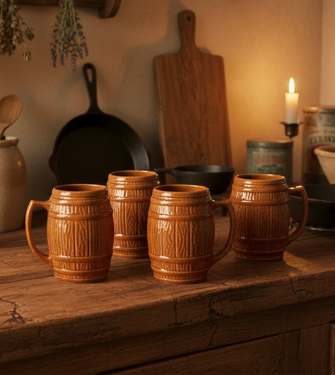 Set of 4 Vintage McCoy Pottery Old Oaken Barrel Mugs 397 | Faux Bois Brown Stoneware Beer Steins