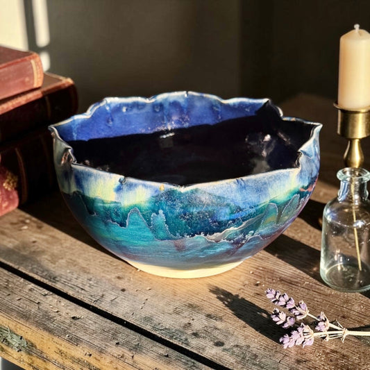 Hand-Thrown Studio Art Pottery Bowl – Blue & Green Reactive Drip Glaze Stoneware