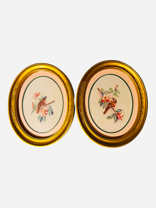 Vintage Homco Home Interiors Bird Prints in Oval Gold-Tone Frames (Set of 2) | Circa 1983