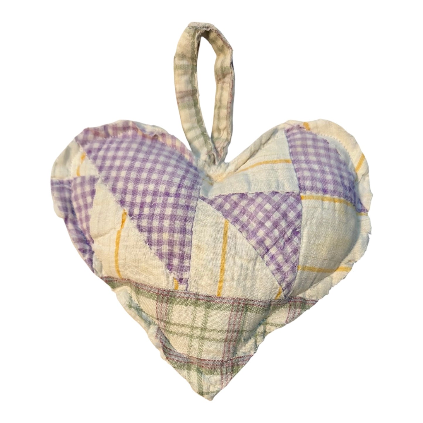 Handmade Vintage Quilted Heart Pillow | Purple Gingham & Plaid Patchwork Shelf Sitter | Cottagecore Farmhouse Decor