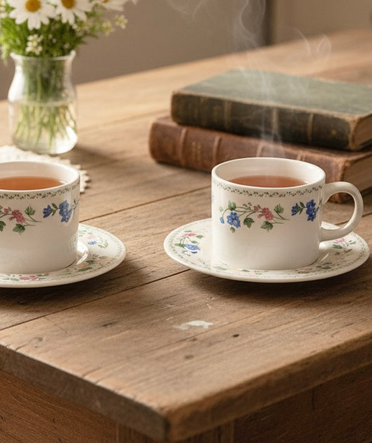 Set Of Two Farberware English Garden Vintage Stoneware Cup & Saucer Set | Cottagecore Floral Tea Cups | Discontinued 1995