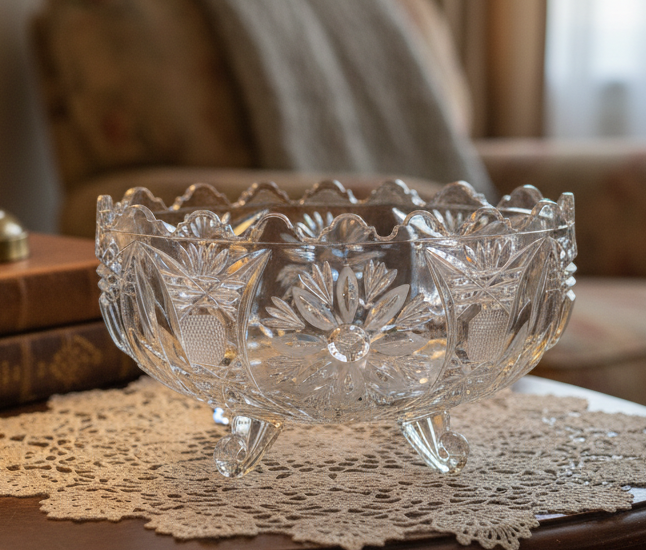 Lausitzer Crystal 4-Footed Etched Floral Bowl