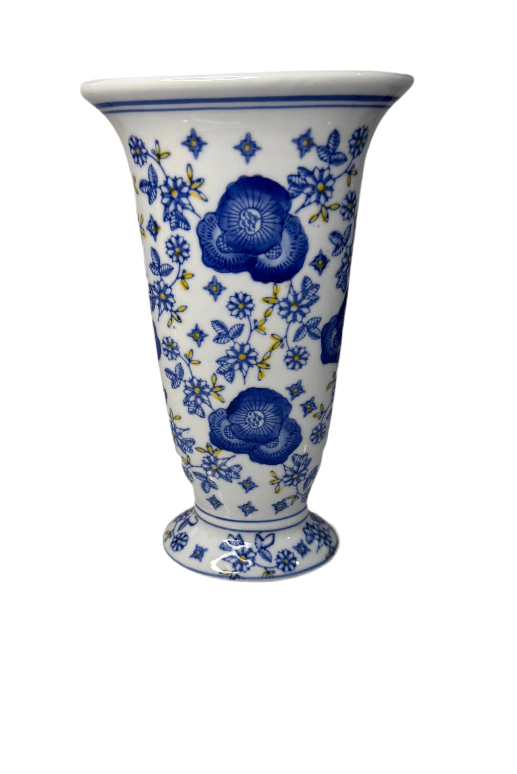 Chinoiserie Vintage Blue & Yellow Floral Ceramic Vase