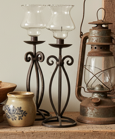Set of 3 Rustic Primitive Wrought Iron Hurricane Candle Holders with Glass Shades