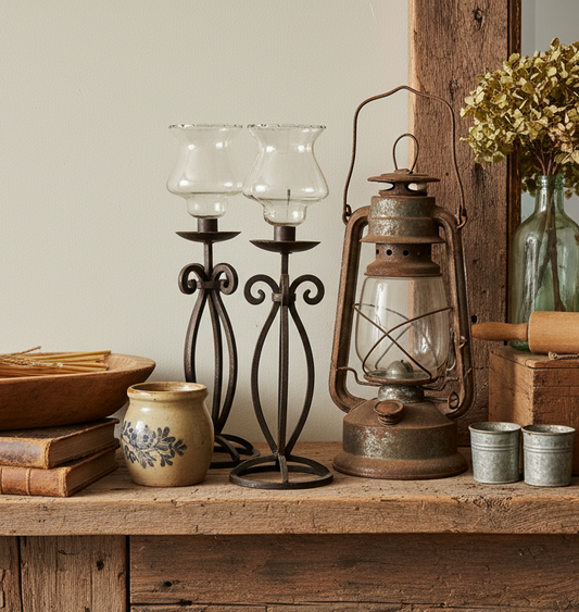 Set of 3 Rustic Primitive Wrought Iron Hurricane Candle Holders with Glass Shades