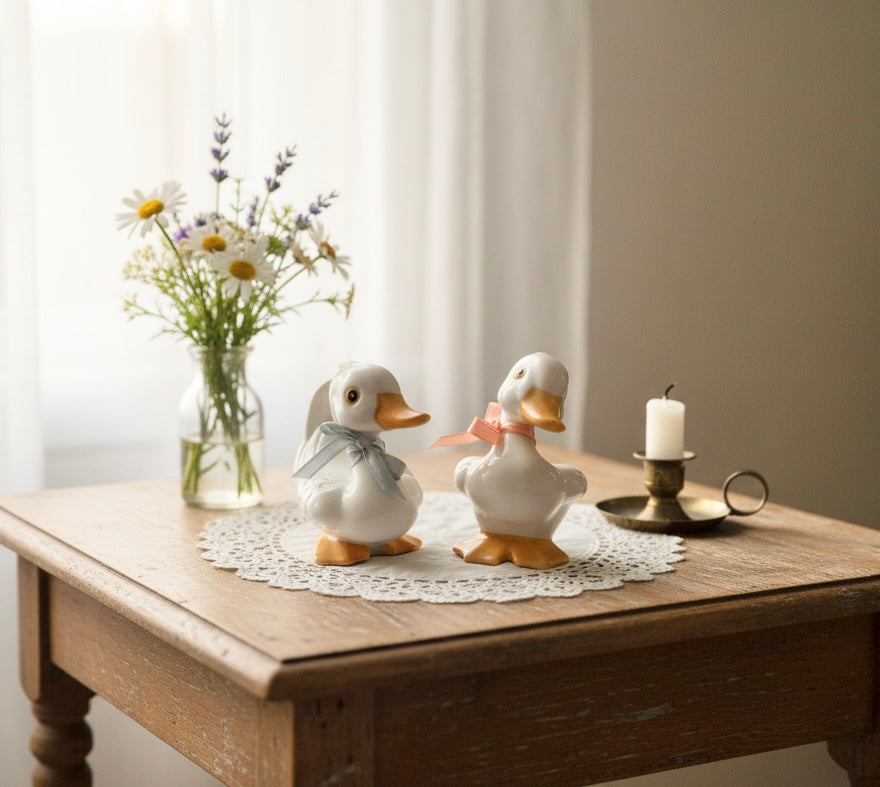 Homco Vintage Ceramic Duck Figurine Pair – Model #1414 | Glossy White with Ribbon Detail