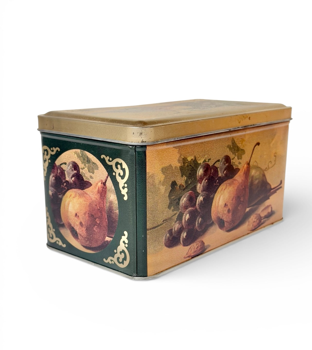 Vintage Still Life Metal Storage Tin – Pear, Grapes & Walnut Design