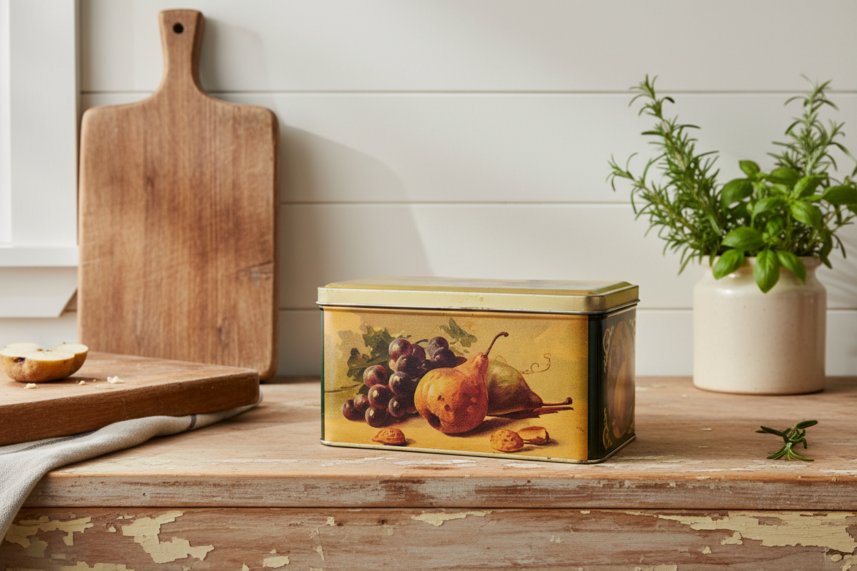Vintage Still Life Metal Storage Tin – Pear, Grapes & Walnut Design