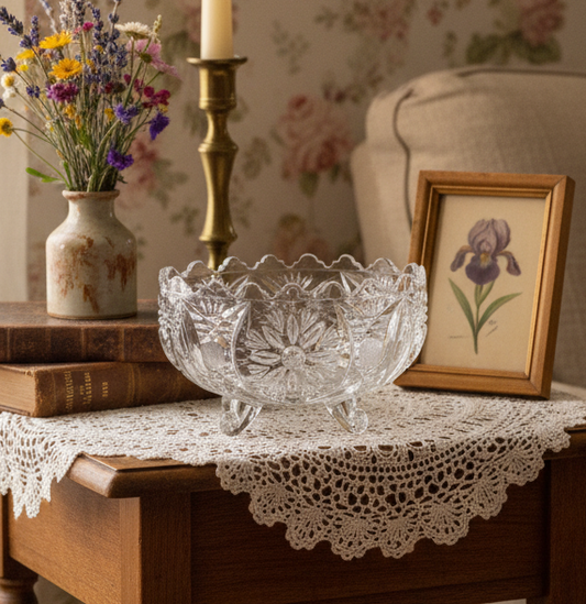 Lausitzer Crystal Four-Footed Vintage Bowl – Etched Floral Crystal Candy Dish | Germany