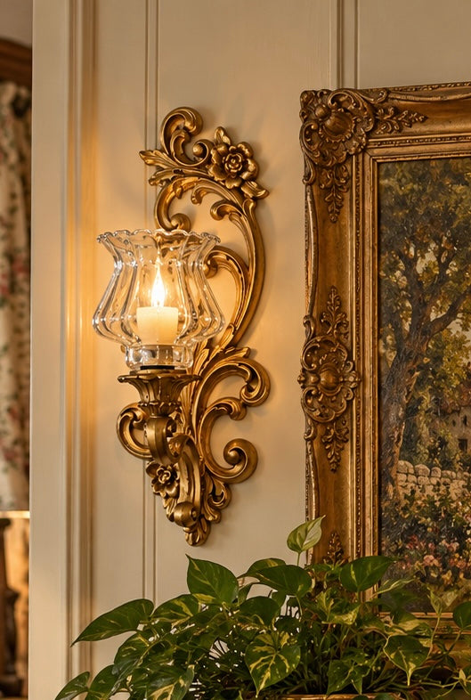 HOMCO 4118 Gold Hollywood Regency Wall Sconces – Pair with Glass Votive Cups – 16”