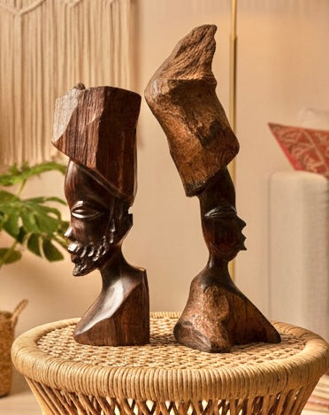 Hand-Carved Vintage African Tribal Bust Sculptures – Matching Male & Female Pair – Mid-Century Folk Art