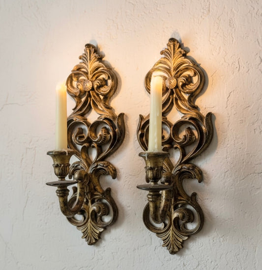 Burwood Vintage Victorian Wall Sconces | Black & Gold Baroque Candle Holders (Pair)