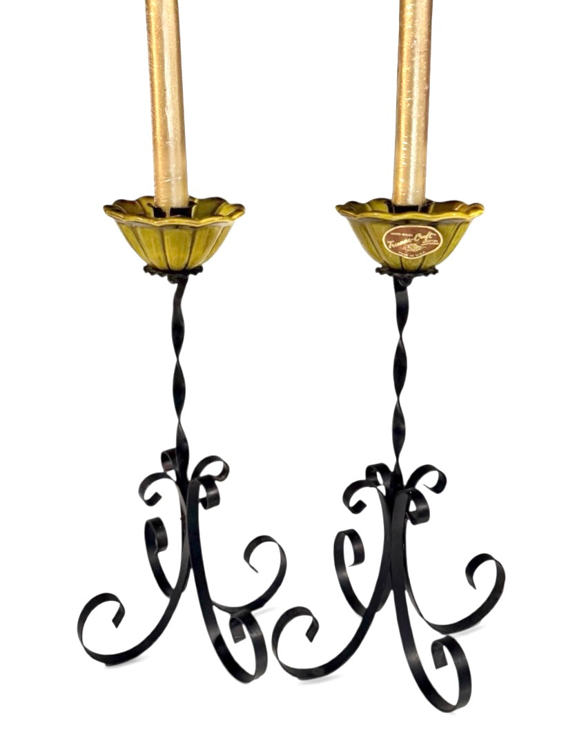 Set of Two Rare Treasure Craft Black Metal & Green Ceramic Candelabra