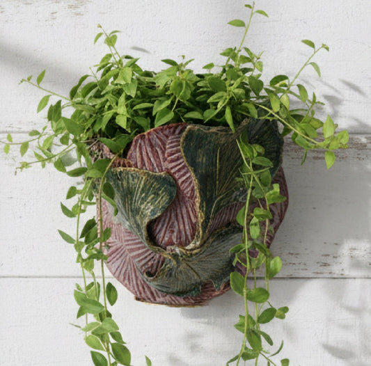 Handmade Ceramic Wall Pocket with Ginkgo Relief – Purple & Green Studio Pottery Vase