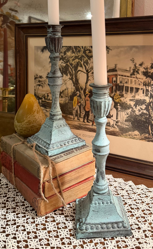 Patinated Bronze Vintage Candlestick Holders – Set of 2 – Old World Decor