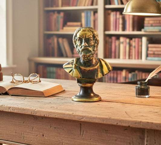 Vintage Brass Bust of Homer – Classical Greek Poet Sculpture with Aged Patina