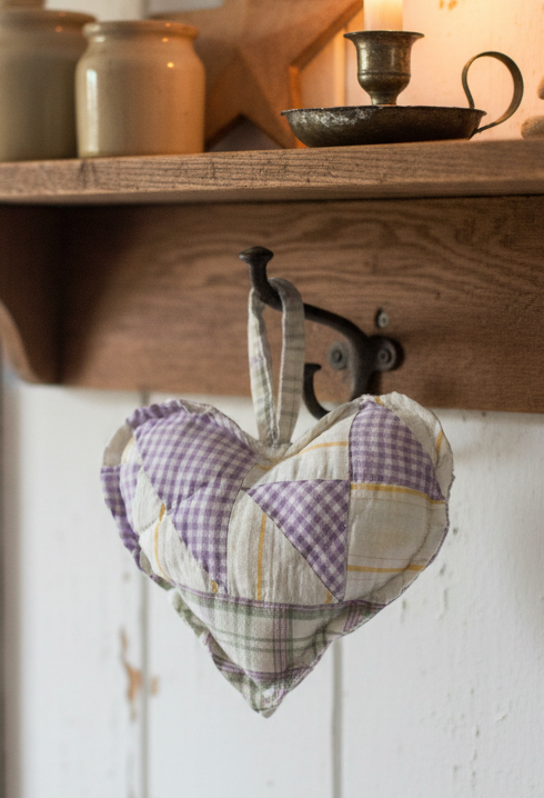 Handmade Vintage Quilted Heart Pillow | Purple Gingham & Plaid Patchwork Shelf Sitter | Cottagecore Farmhouse Decor