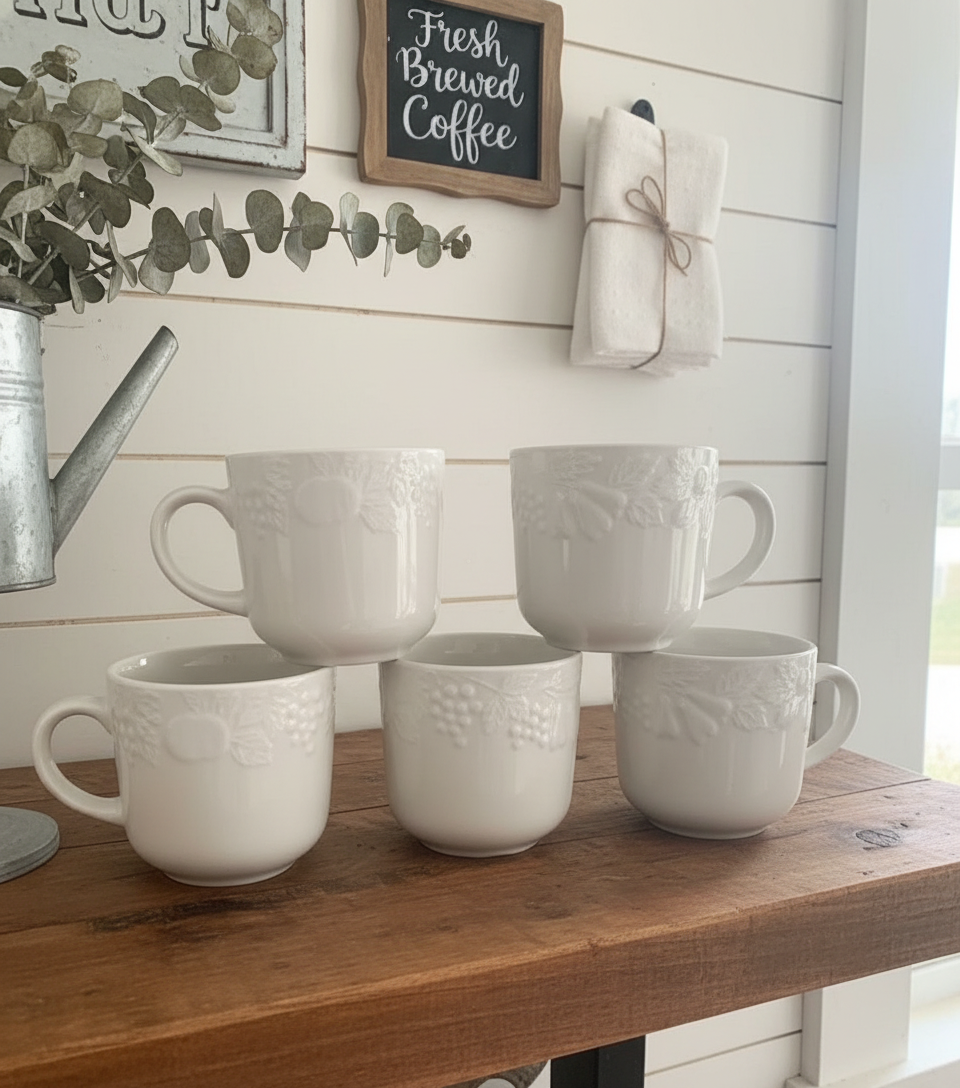 Set of 5 Vintage Gibson White Stoneware Mugs-Embossed Fruit Design