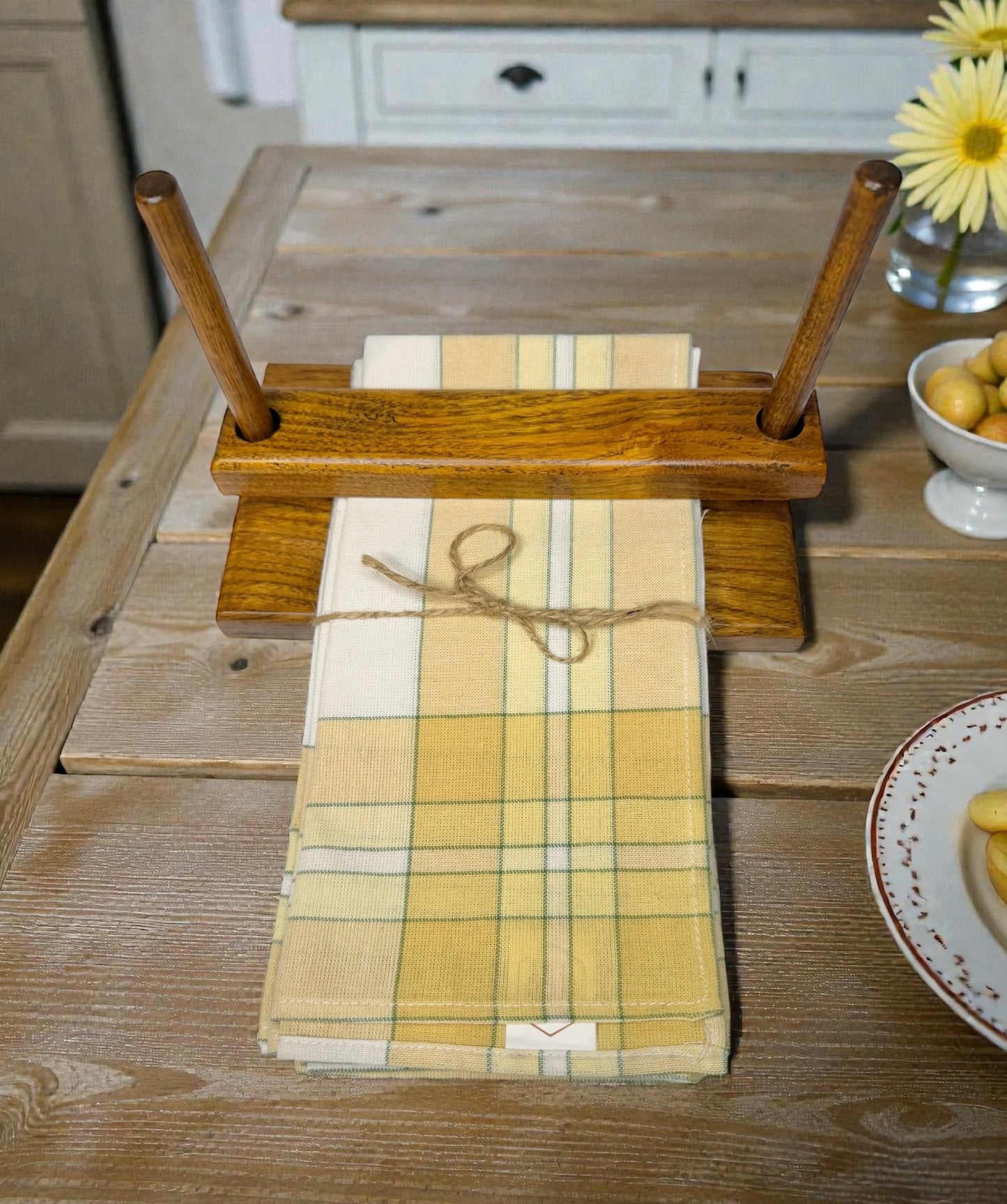 Vintage Solid Wood Napkin Holder with Cloth Napkins - Napkin Press / Napkin Dispenser