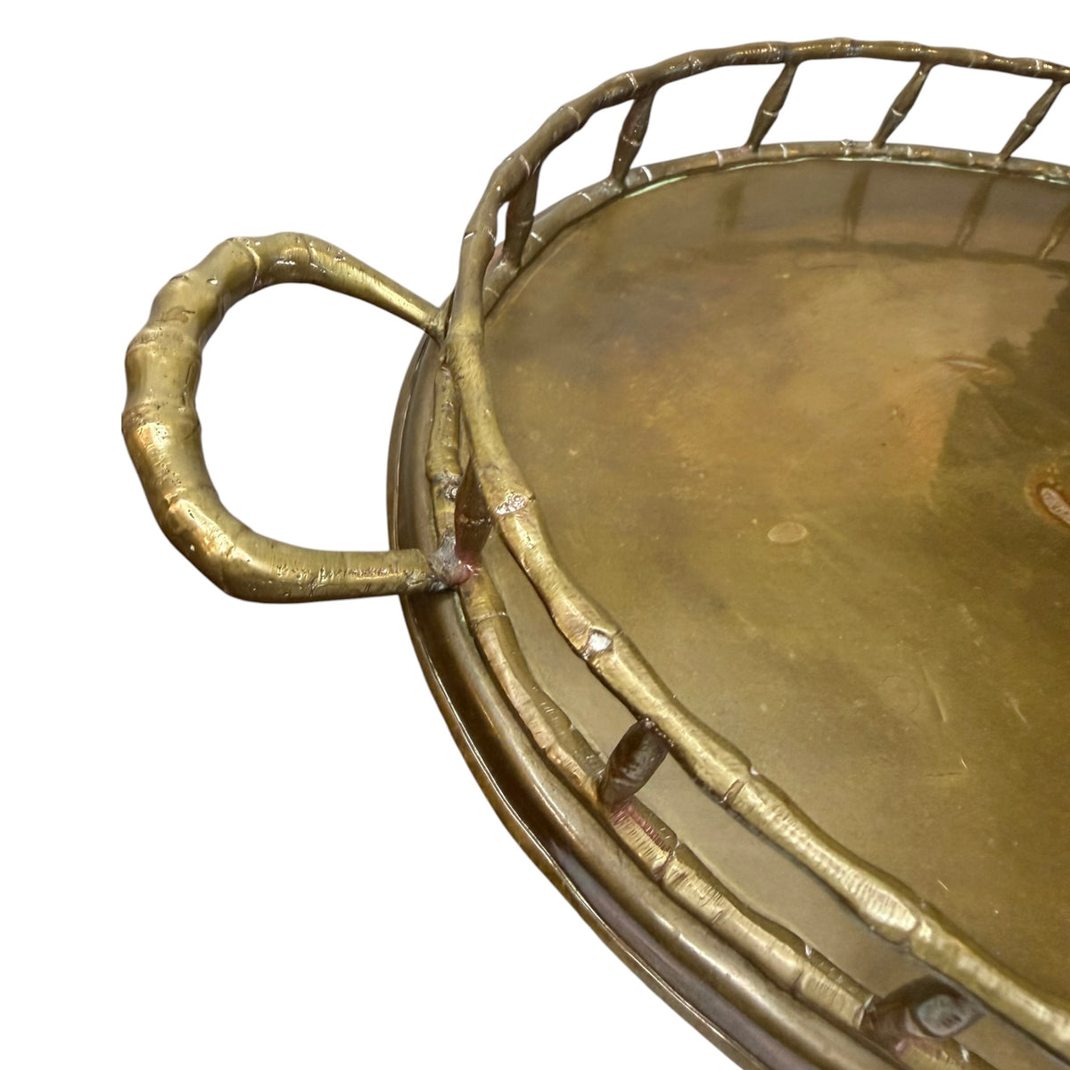 Hollywood Regency Brass Serving Tray with Faux Bamboo Gallery Rail & Handles – 20.5”