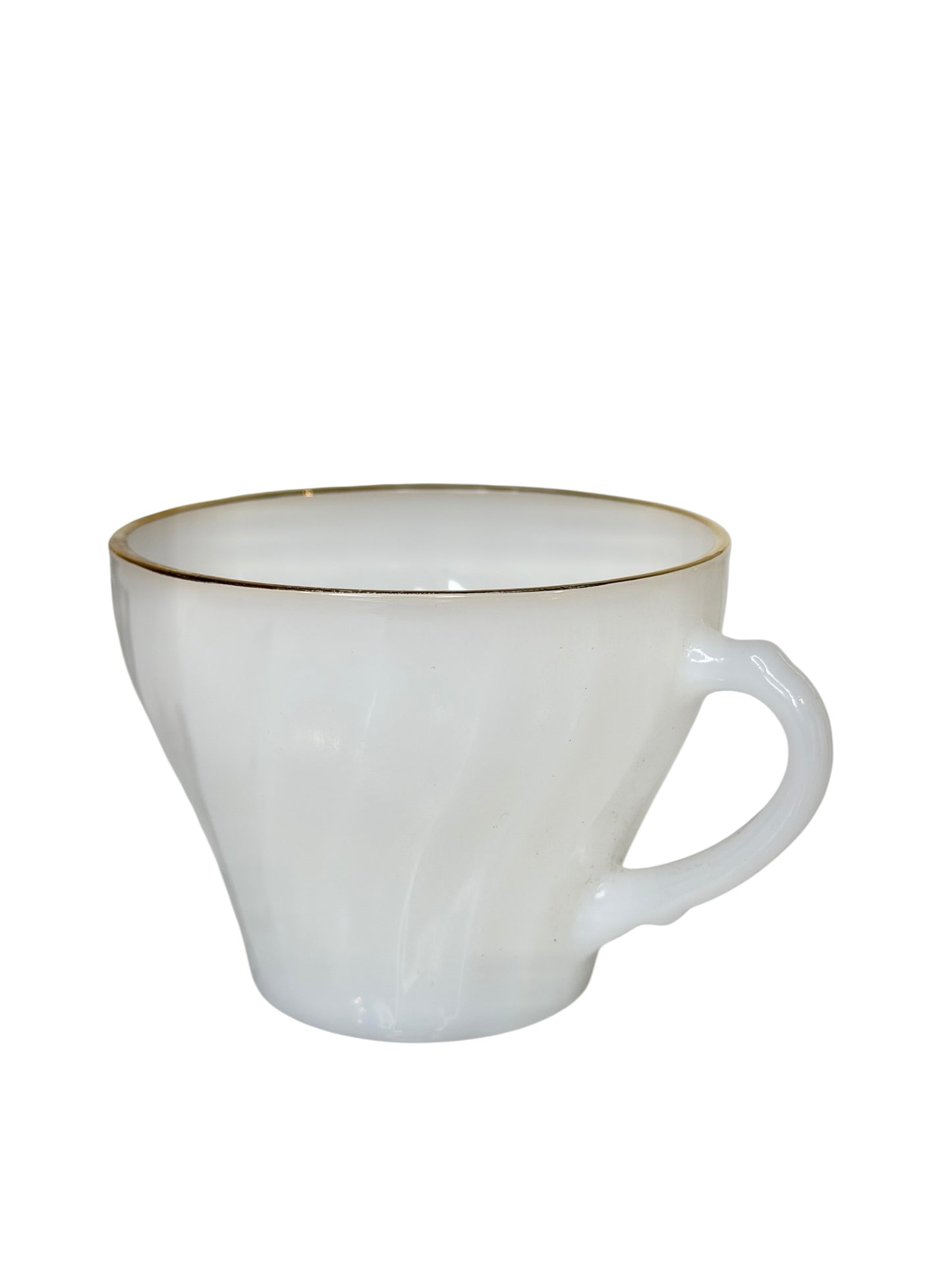 Vintage Fire-King Golden Shell Milk Glass Creamer, Sugar Bowl & Mugs Set – Anchor Hocking Swirl Pattern with Gold Trim