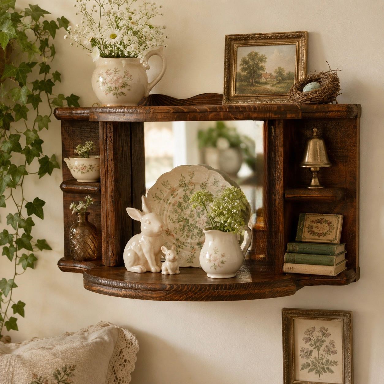 Vintage Mid-Century Mirrored Shadow Box Curio Shelf | Wood Wall Display