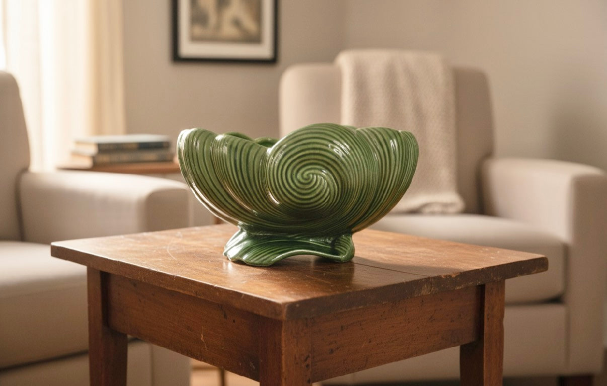 Vintage Dark Green Ceramic Shell Planter | Art Deco / MCM Style
