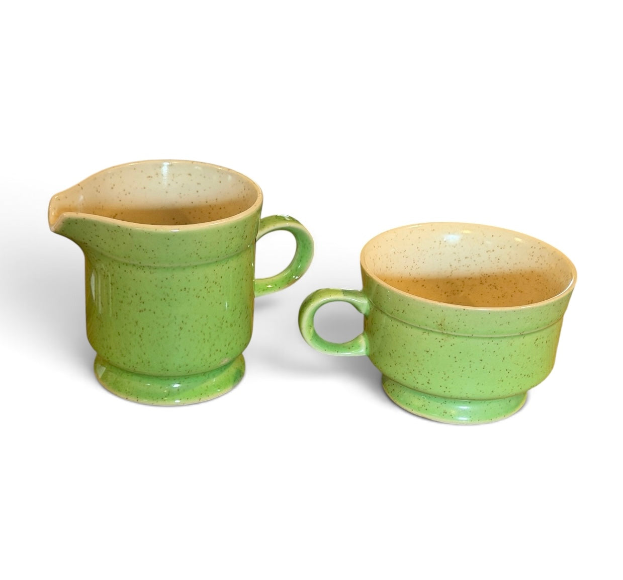 Premier Potterskraft Country Roads Green Speckled Stoneware Creamer & Footed Cup Set | Japan | Mid-Century Modern