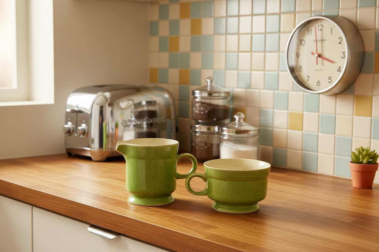 Premier Potterskraft Country Roads Green Speckled Stoneware Creamer & Footed Cup Set | Japan | Mid-Century Modern
