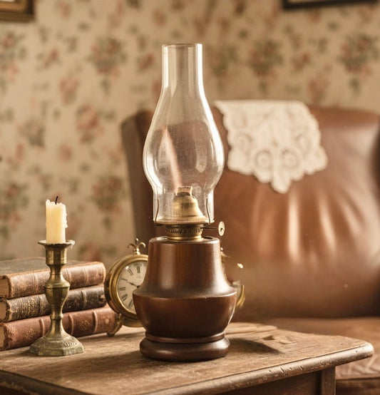 Vintage Wood Oil / Kerosene Hurricane Lamp – Glass Chimney & Wooden Base