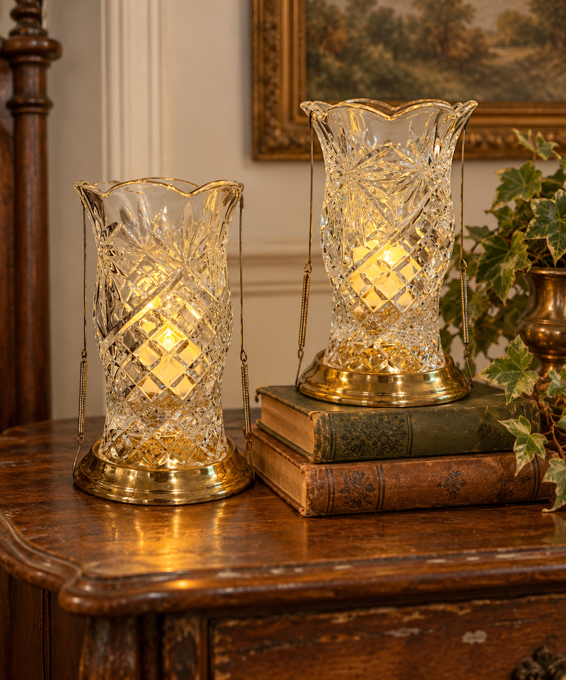 Set of 2 Vintage Cut Crystal Hurricane Candle Holders – Brass Bases & Swing Handles – Teleflora