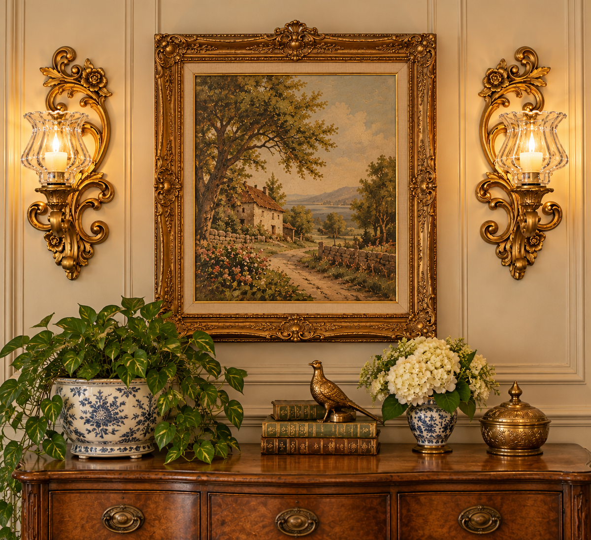 HOMCO 4118 Gold Hollywood Regency Wall Sconces – Pair with Glass Votive Cups – 16”