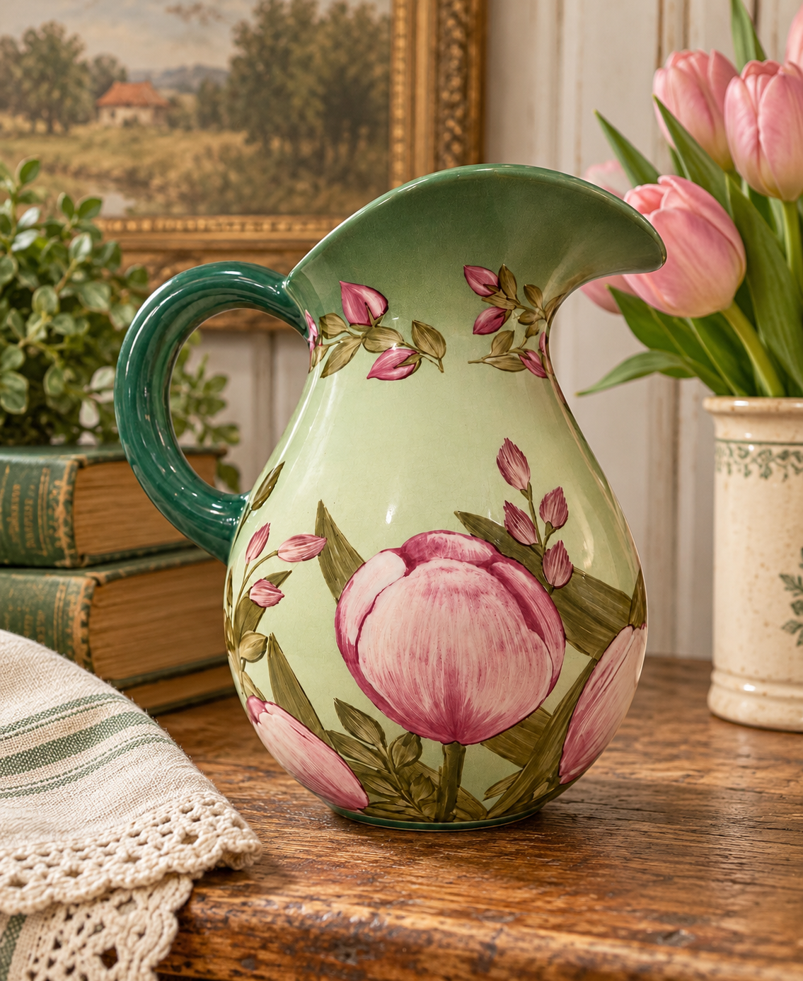 Teleflora Spring Tulip Ceramic Pitcher – Vintage Hand-Painted Floral Vase