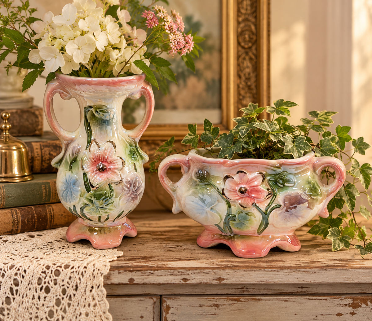 Vintage Brazilian Iridescent Lusterware Floral Pottery Set – Bud Vase & Planter