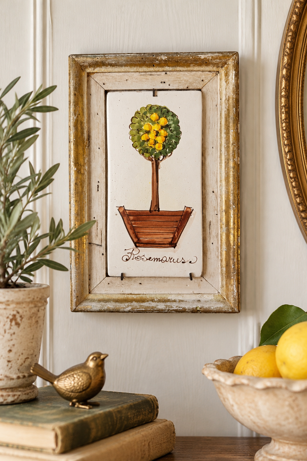 Vintage Italian Majolica Ceramic Lemon Topiary Wall Art – Florentine Gold Frame – E.A. Italy - Stamped