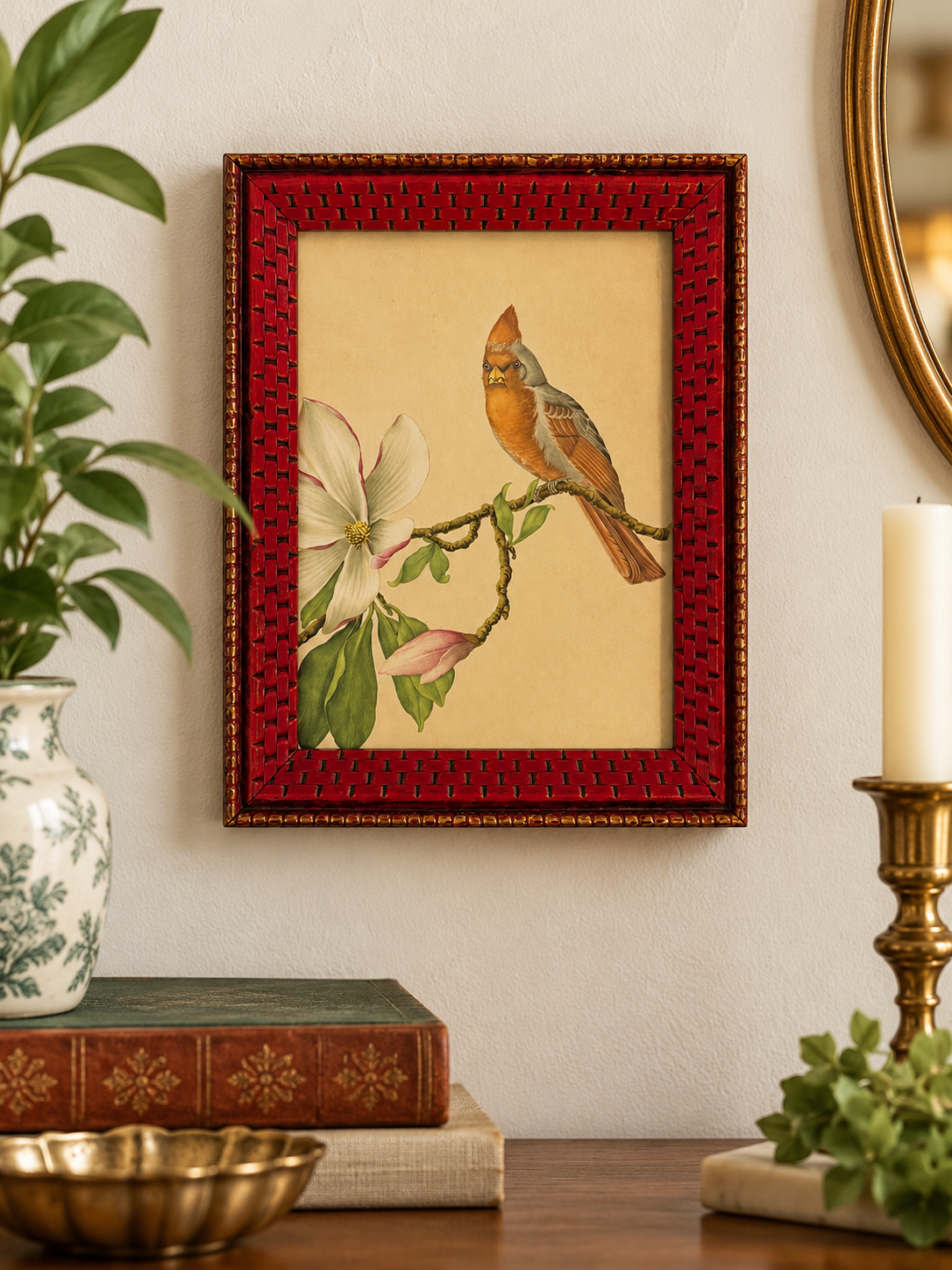 Vintage D. Alexandroff Bird & Blossom Botanical Print – Ornate Red Basketweave Frame – Mid-Century Wall Art