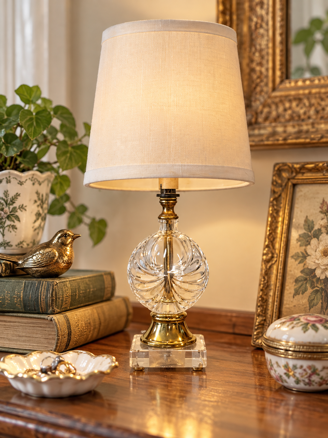 Vintage Miniature Pressed Glass & Brass Accent Table Lamp with Shade