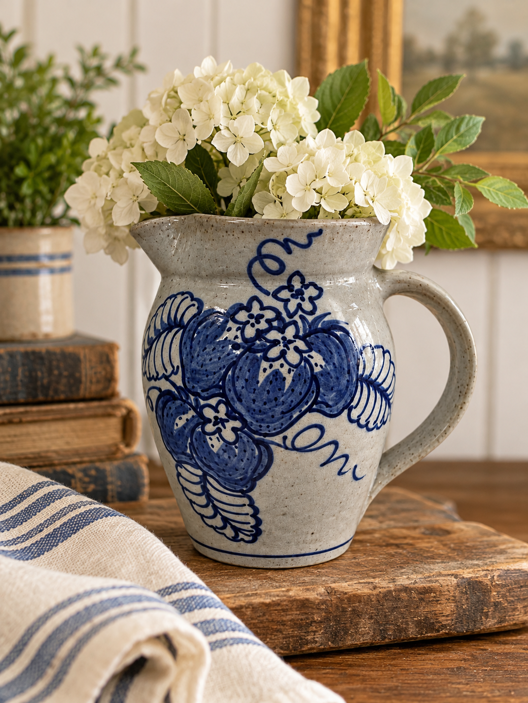 Great Bay Pottery Salt-Glazed Stoneware Pitcher – Cobalt Blue Strawberry Vine