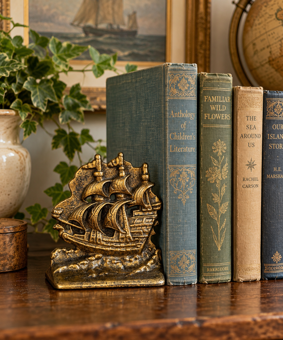 Pair - Vintage Cast Iron Sailing Ship Bookends – Brass Gold Finish – Set of 2