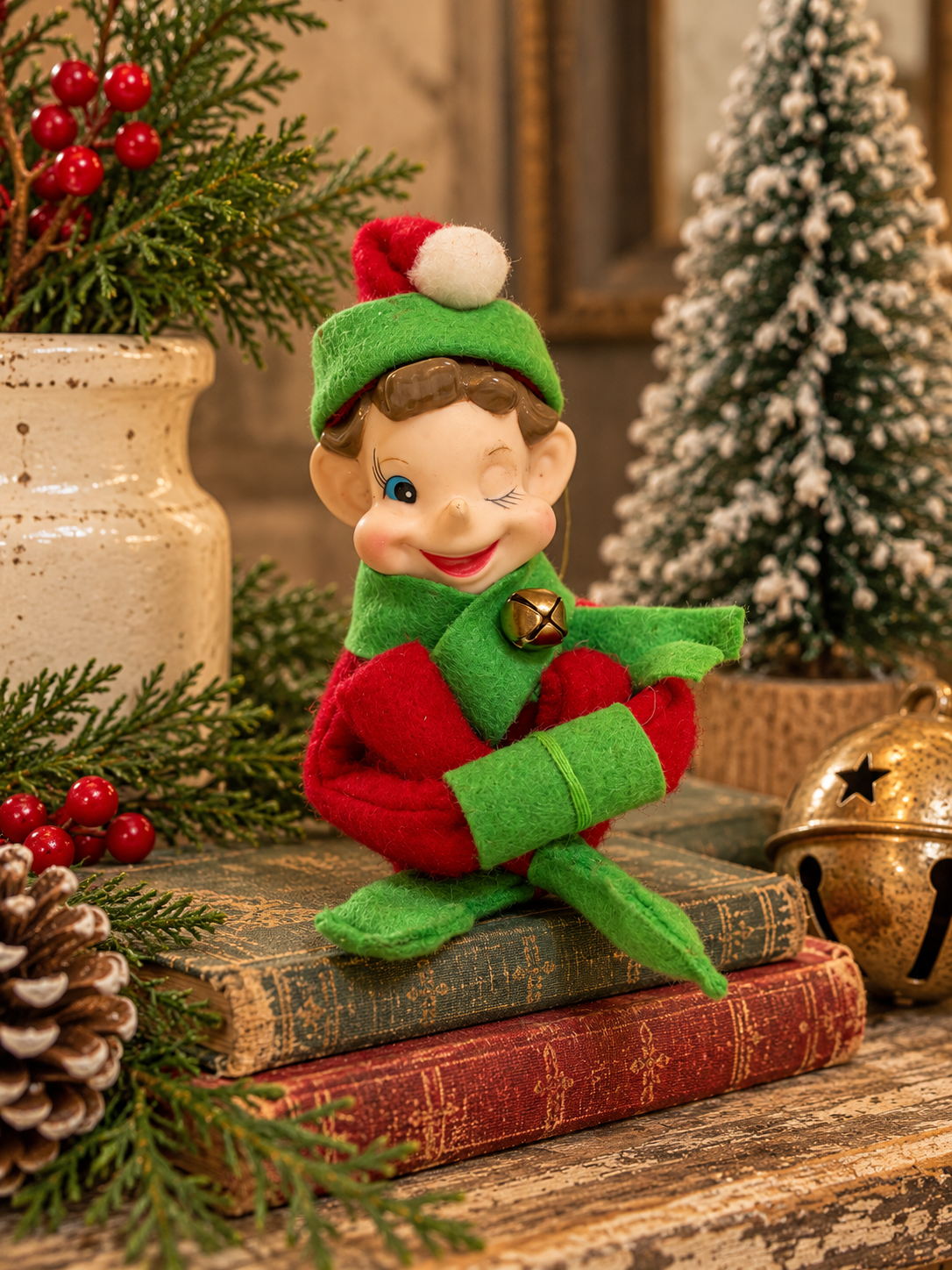 Annalee 2013 Winking Christmas Knee-Hugger Elf – Red & Green Felt -5”