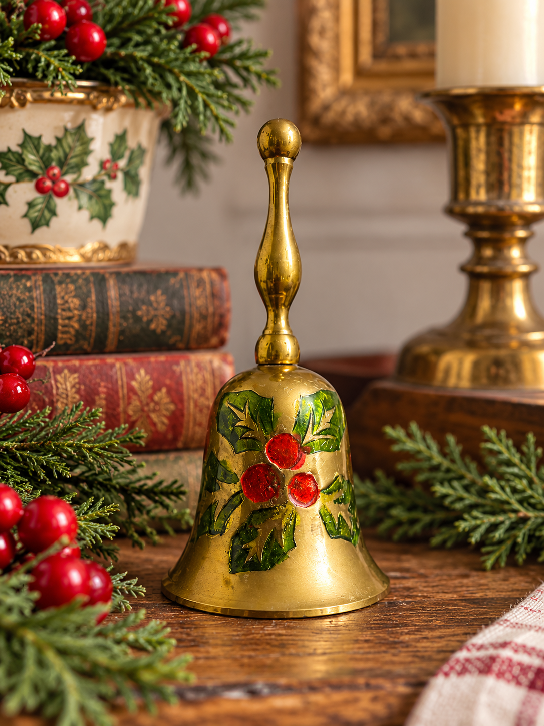Brass Holly & Berry Hand Bell – Vintage Enameled Christmas Bell