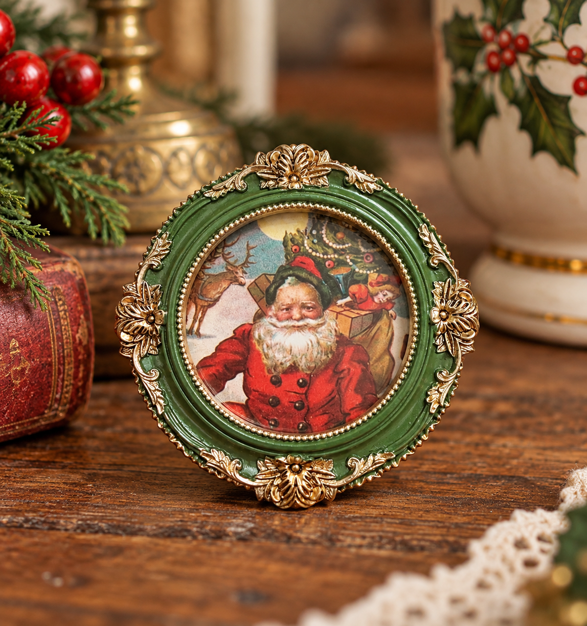 Ornate Green & Gold Santa Christmas Frame – Flea & Frame Creation – 3”