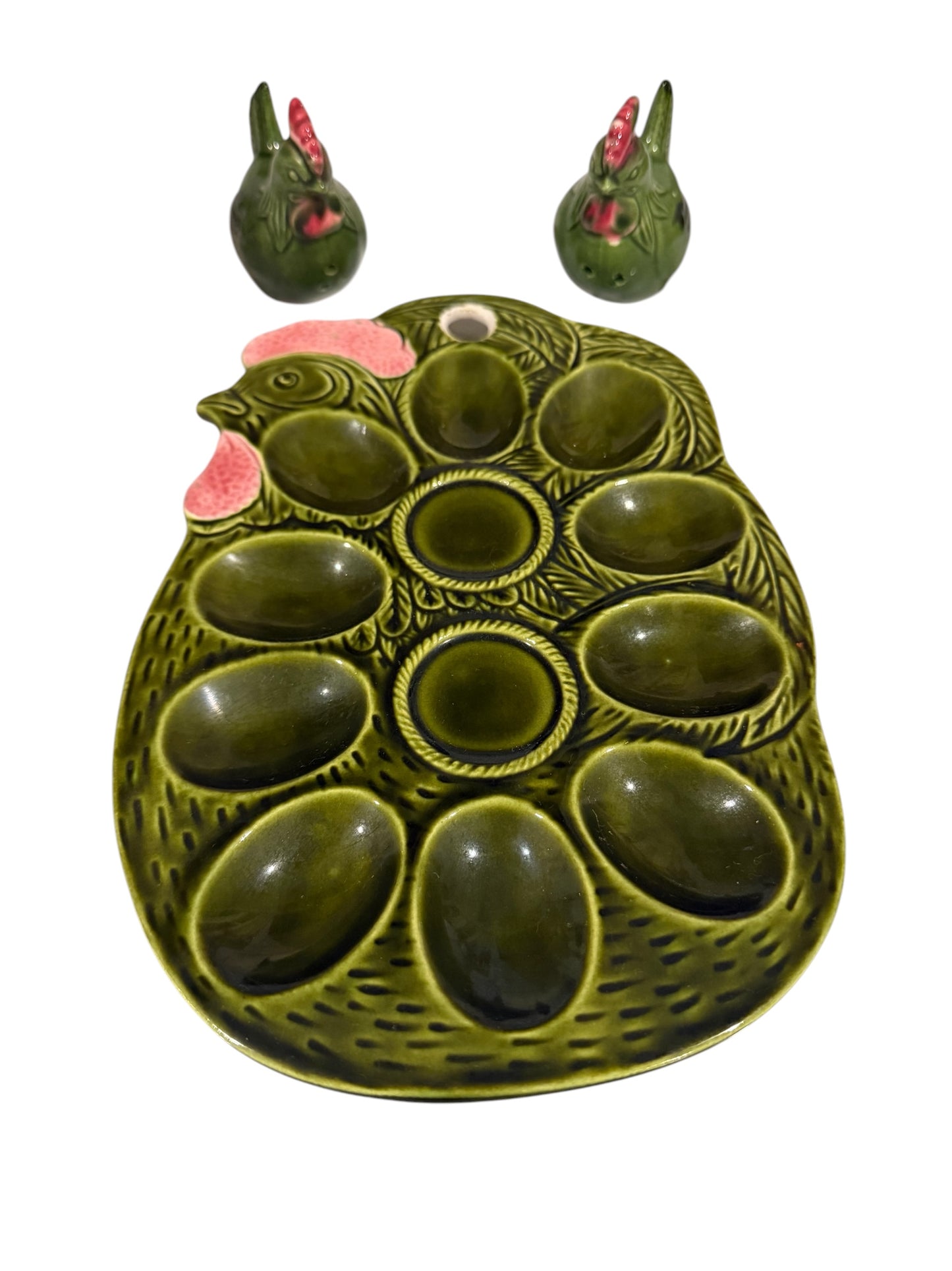 Hen Deviled Egg Plate with Salt & Pepper Shakers – Price Import Vintage Japan - Green Ceramic Farmhouse Serving Dish