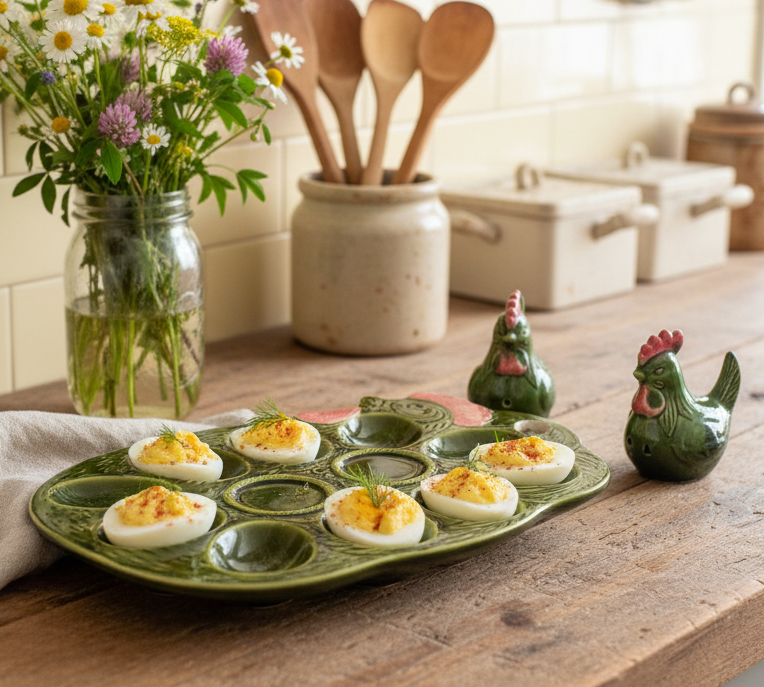 Hen Deviled Egg Plate with Salt & Pepper Shakers – Price Import Vintage Japan - Green Ceramic Farmhouse Serving Dish